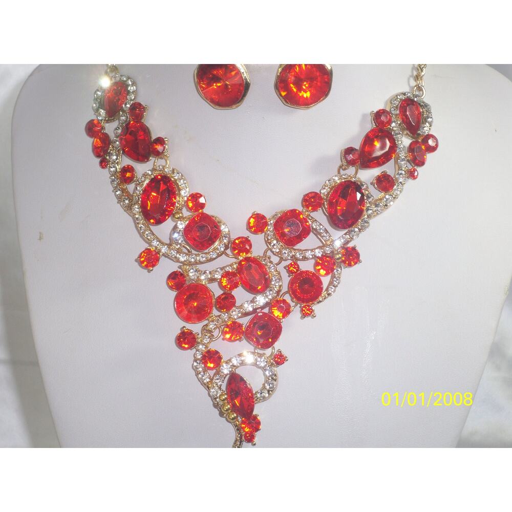 Red rhinestone necklace set, MOB bridal prom party drag queen necklace